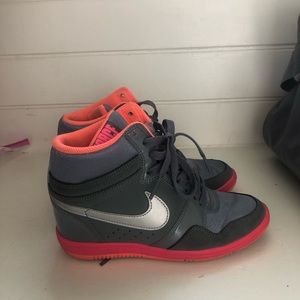 Nike Women's Gray and Pink Athletic High-Top Wedge Sneakers